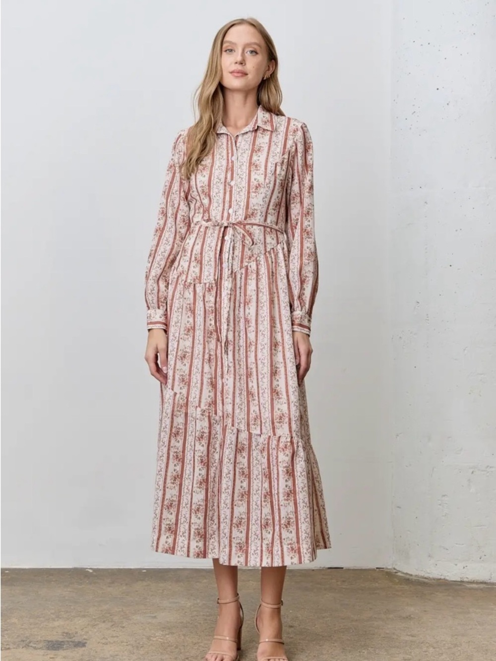 Polagram Pink and Cream Striped Floral Midi Shirt Dress